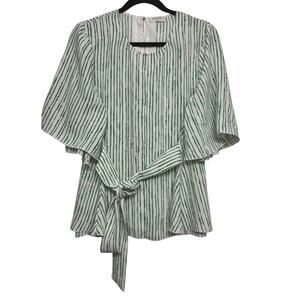 Aritzia Babaton Green White Striped Tie Waist Blouse Top Size L Flutter Sleeve